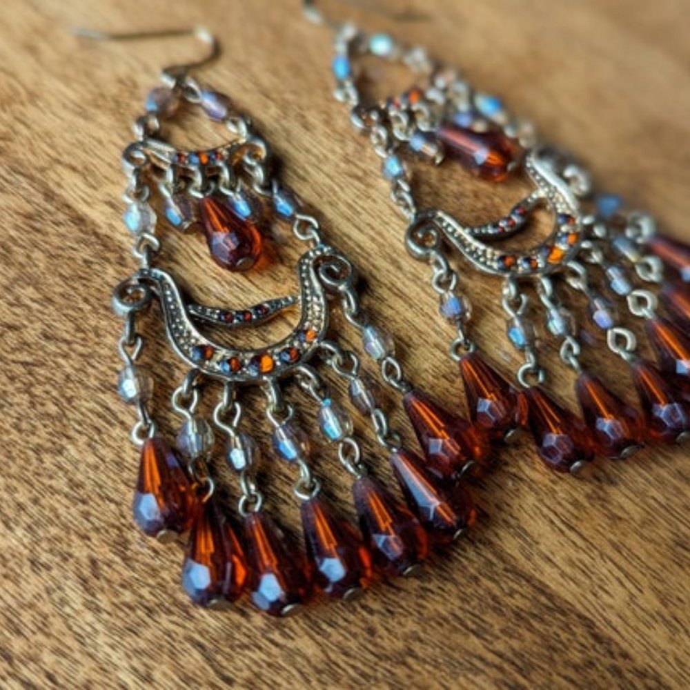VINTAGE Boho Beaded Earrings Dangle Festival Gold Tone Embellished Accessories - Picture 2 of 7